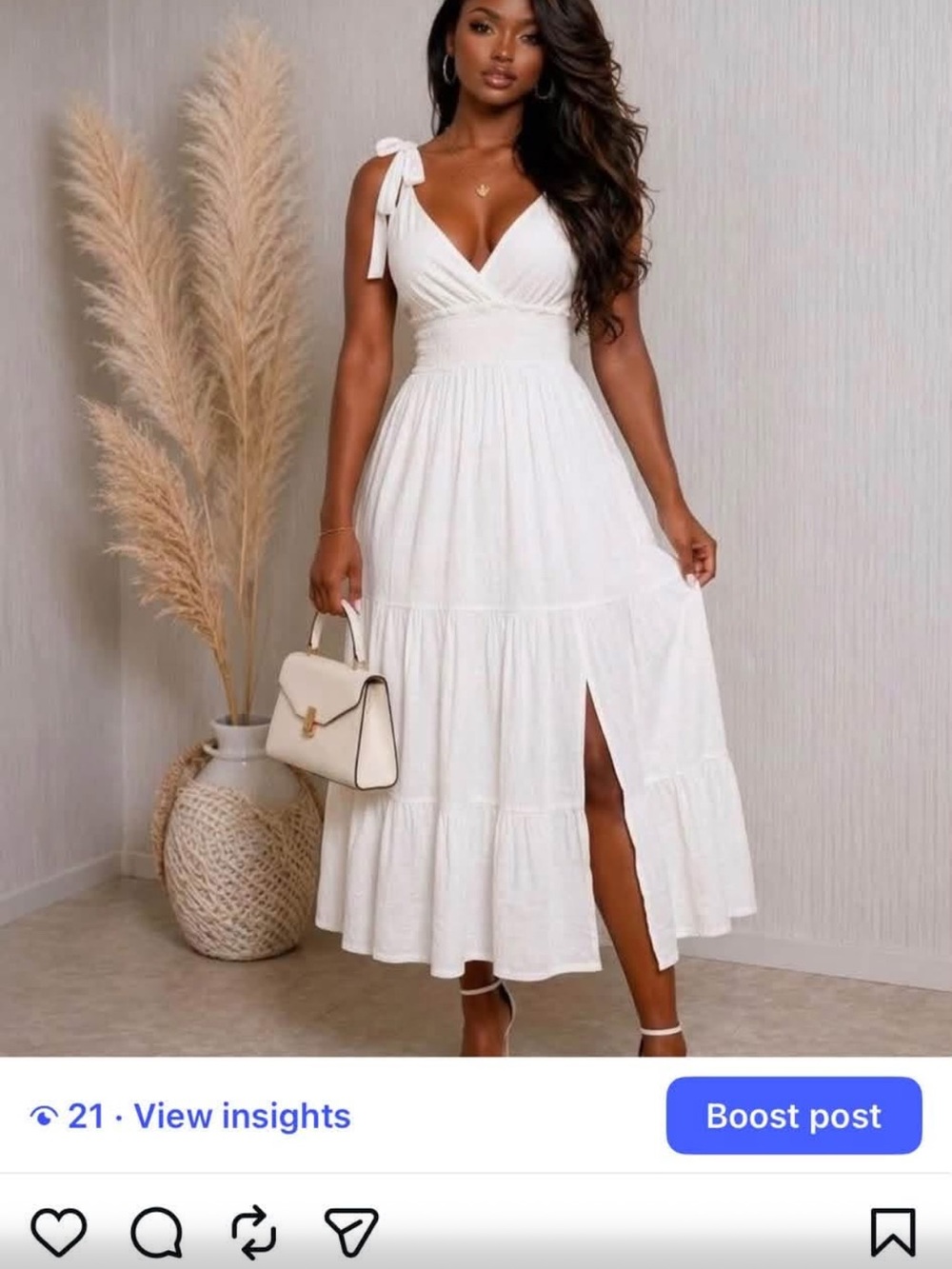 White Tie-Shoulder V-Neck Midi Dress